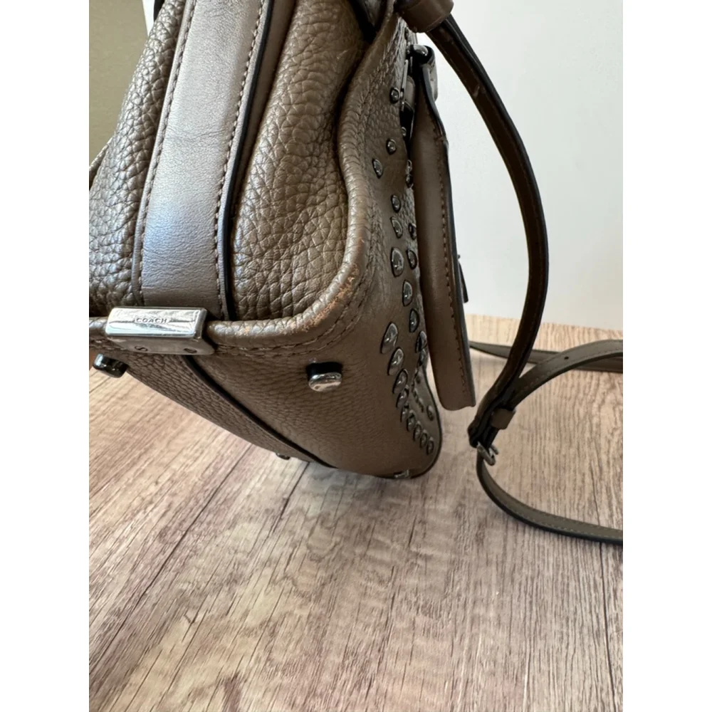Coach Swagger 27 Studded Pebble Leather Satchel 57696 Olive Taupe Gunmetal